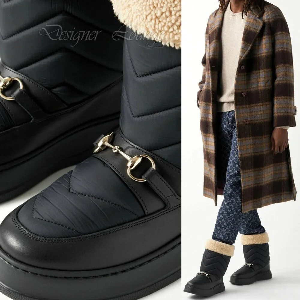 NEW GUCCI Quebec Shearling Horsebit Quilted Nylon and Leather Boots G 9 / US 9.5